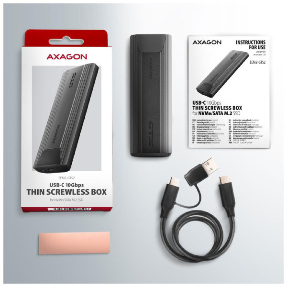 Кишеня зовнішня AXAGON USB-C 10Gbps metal box for M.2 NVMe & SATA SSD THIN SCREWLESS (EEM2-GTS2)