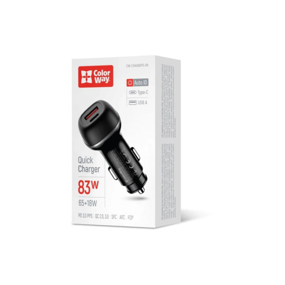 Зарядний пристрій ColorWay USB-C PD65W + USB QC3.0 car adapter (CW-CHA068PD-BK)