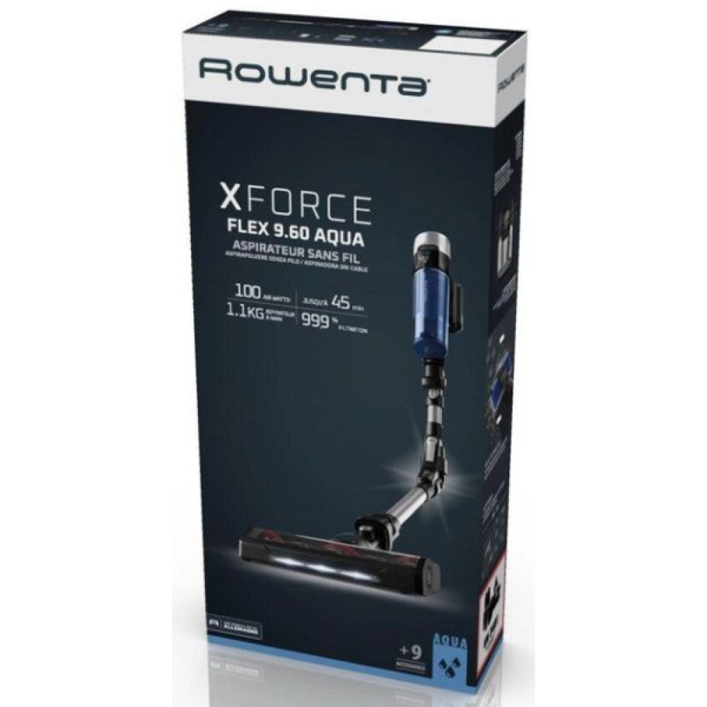 Пилосос Rowenta безпровідний X-Force 9.6 Aqua Allergy, 250Вт, вологе прибирання, конт пил -0.44л, автон. робота до 45хв, срібно-синій