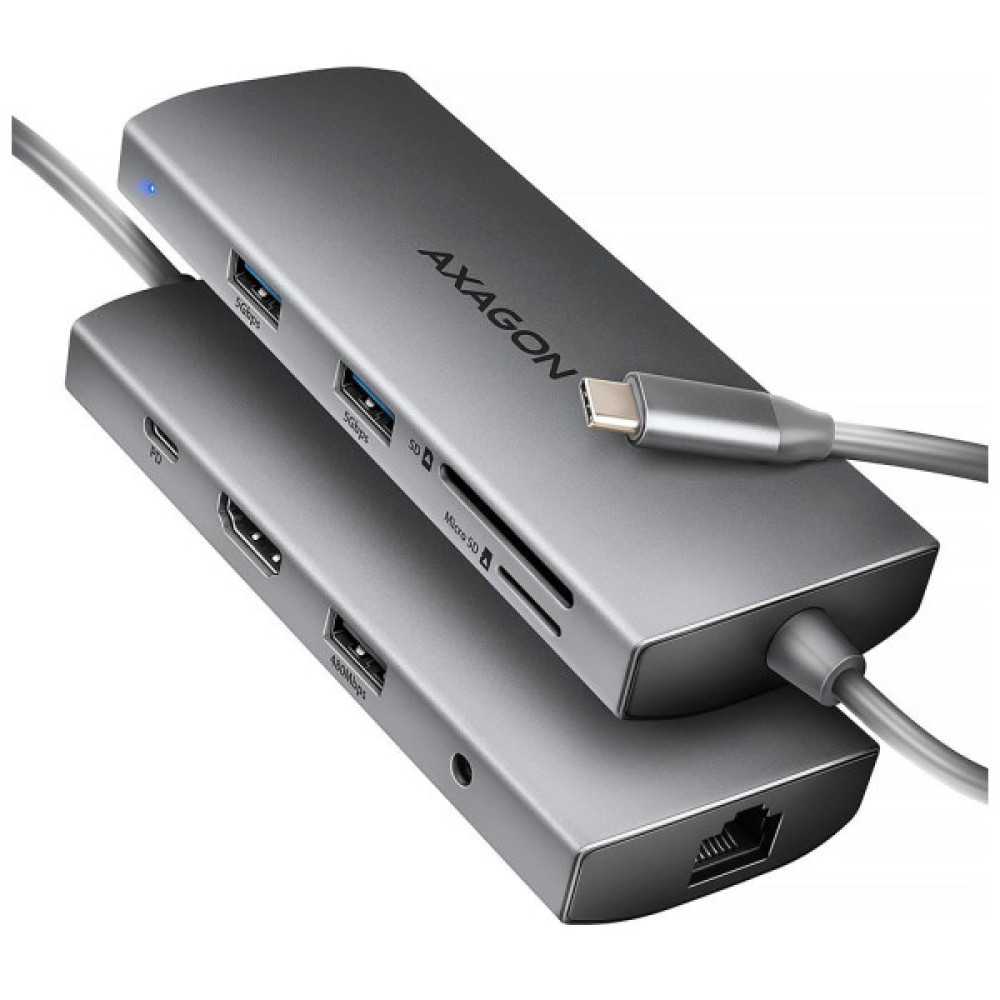 Концентратор AXAGON USBC to 3xUSB-A + HDMI + RJ45 + SD/microSD + audio + PD 100W 0.2m grey (HMC-8HLSA)