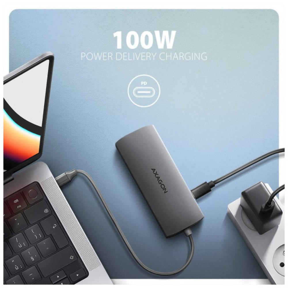 Концентратор AXAGON USBC to 3xUSB-A + HDMI + RJ45 + SD/microSD + audio + PD 100W 0.2m grey (HMC-8HLSA)