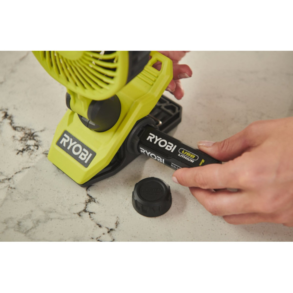 Вентилятор акумуляторний кліпса Ryobi USB Lithium RCF4-0 4В 3800об/хв обертання 325° поворот 180° 2 швидкості 0.29кг без АКБ та ЗП