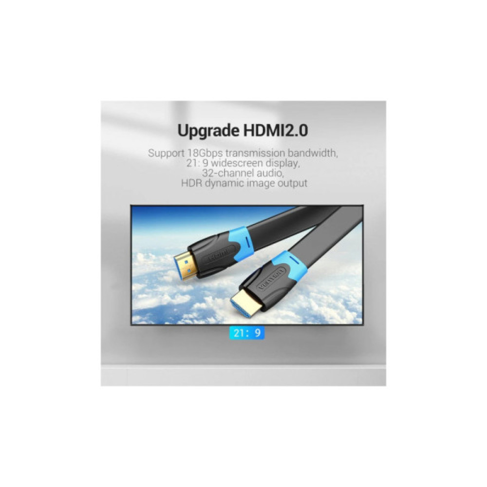 Кабель мультимедійний HDMI M to HDMI M 3.0m V2.0 4K60Hz PVC flat black Vention (AAKBI)