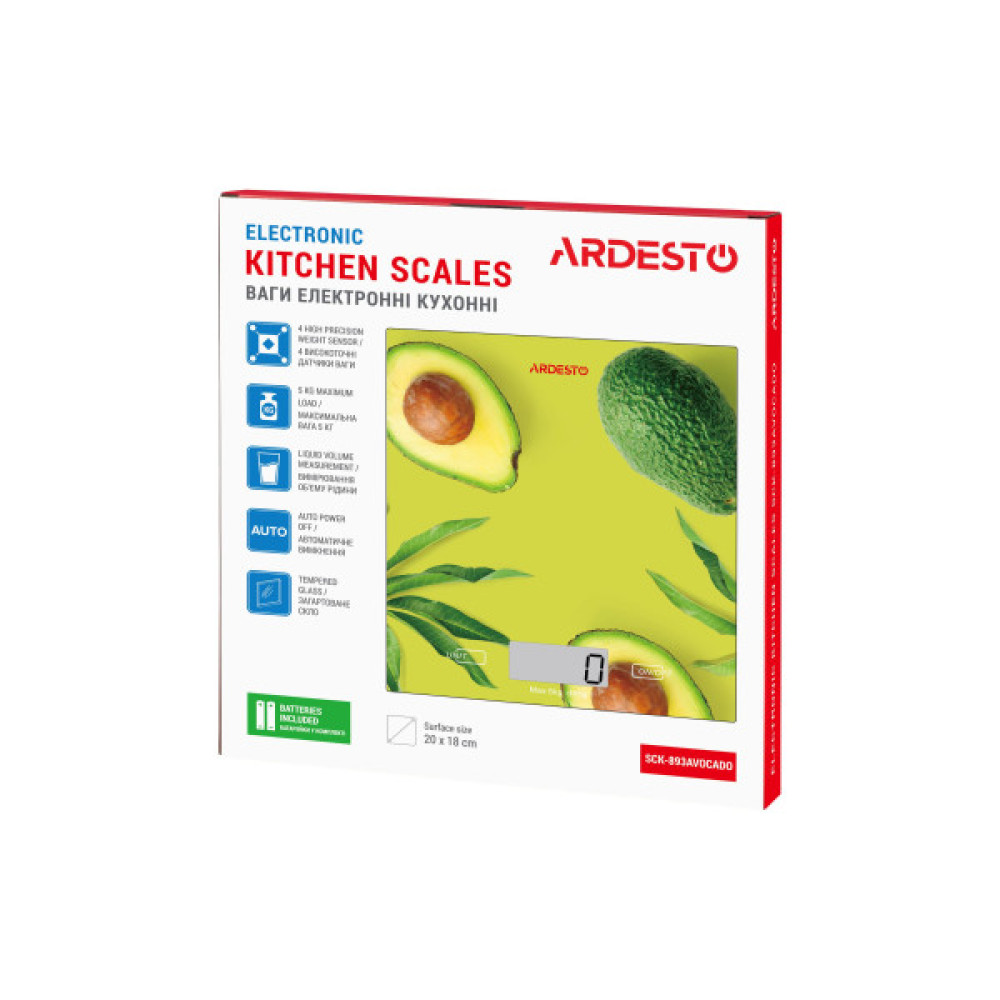 Ваги ARDESTO кухонні Avocado, 5кг, AAAx2 в комплекті, скло, багатокольоровий