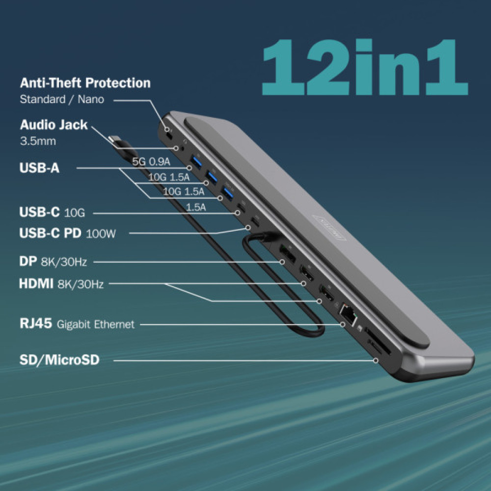 Порт-реплікатор Digitus USB-C > 2xHDMI/1xDP/3xUSB-A/USB-C/RJ54/PD/Audio (DA-70919)