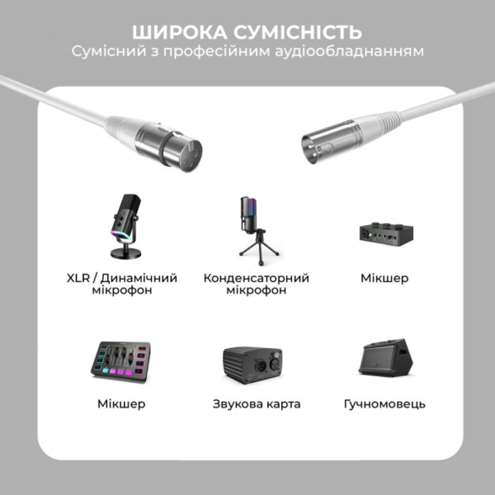 Мікрофонний кабель Fifine XLR Male to Female White 1.8 м (L9CW)