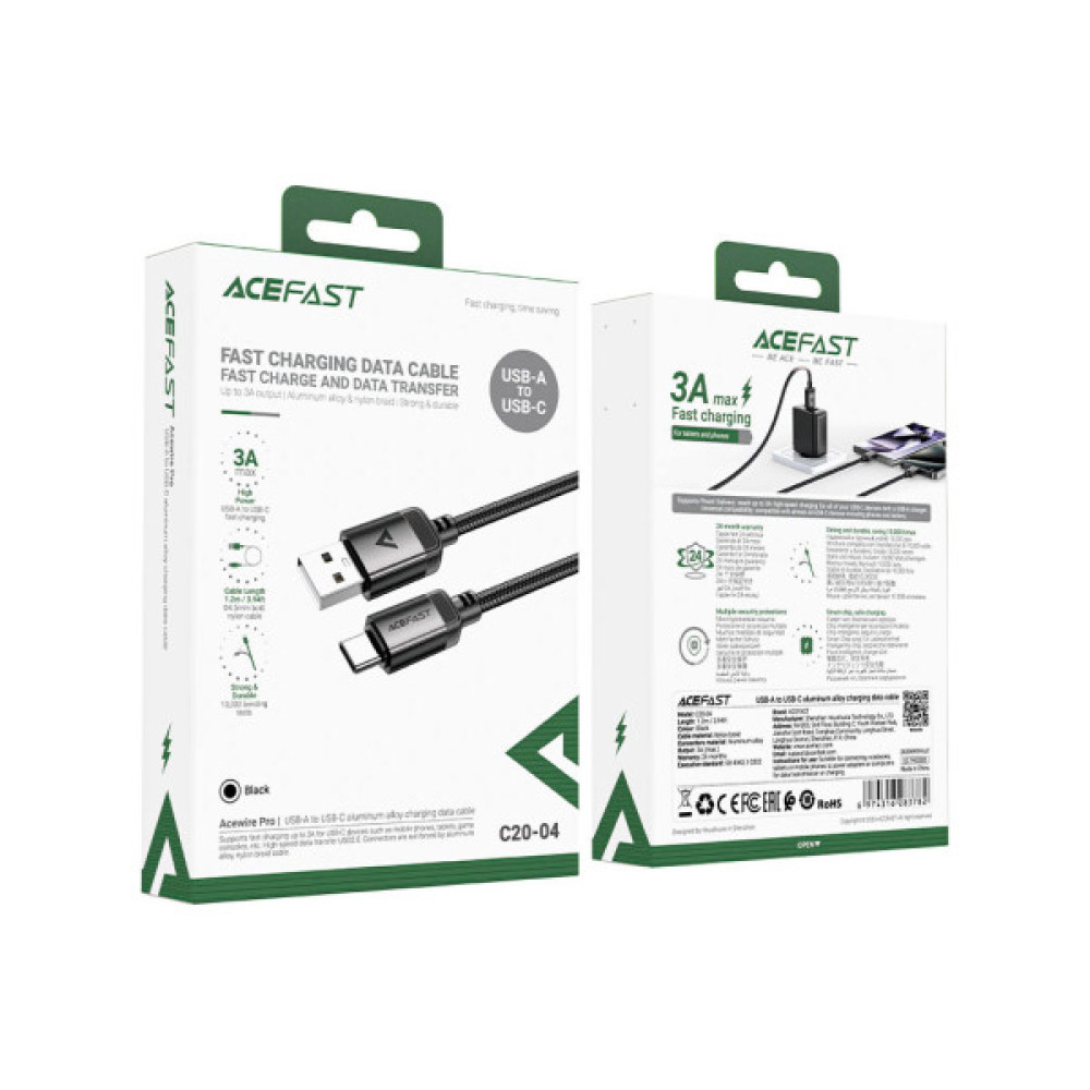 Дата кабель USB 2.0 AM to USB-C 1.2m 3.0A 18W aluminum alloy Black Acefast (6974316283782)