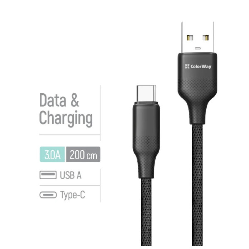 Дата кабель USB 2.0 AM to USB-C 2.0m 3A TPE embossed black ColorWay (CW-CBUC102-BK)