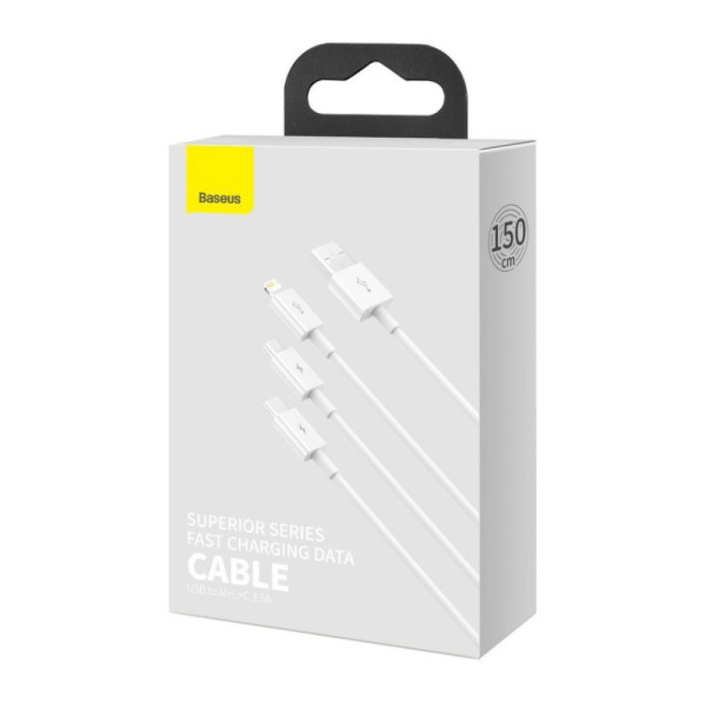 Дата кабель USB 2.0 AM to Lightning + Micro 5P + USB-C 1.5m 3.5A white Baseus (CAMLTYS-02)