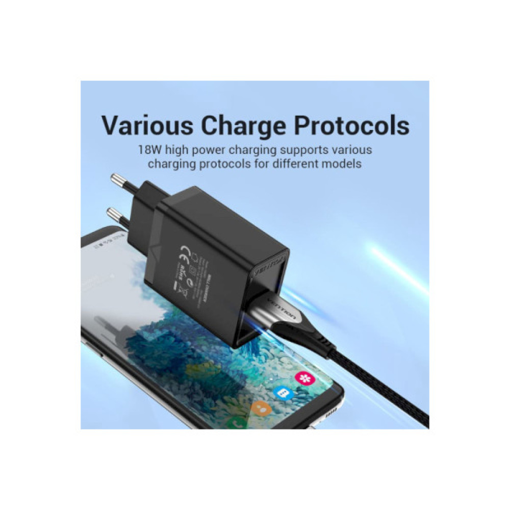 Зарядний пристрій Vention 1xUSB 18W (USB-A) QC3.0 black (FABB0-EU)