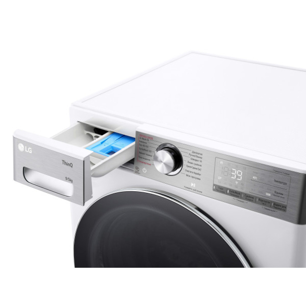 Прально-сушильна машина LG фронтальна, 9(5)кг, 1200, А, 48см, дисплей, пара, інвертор, EcoHybrid, білий