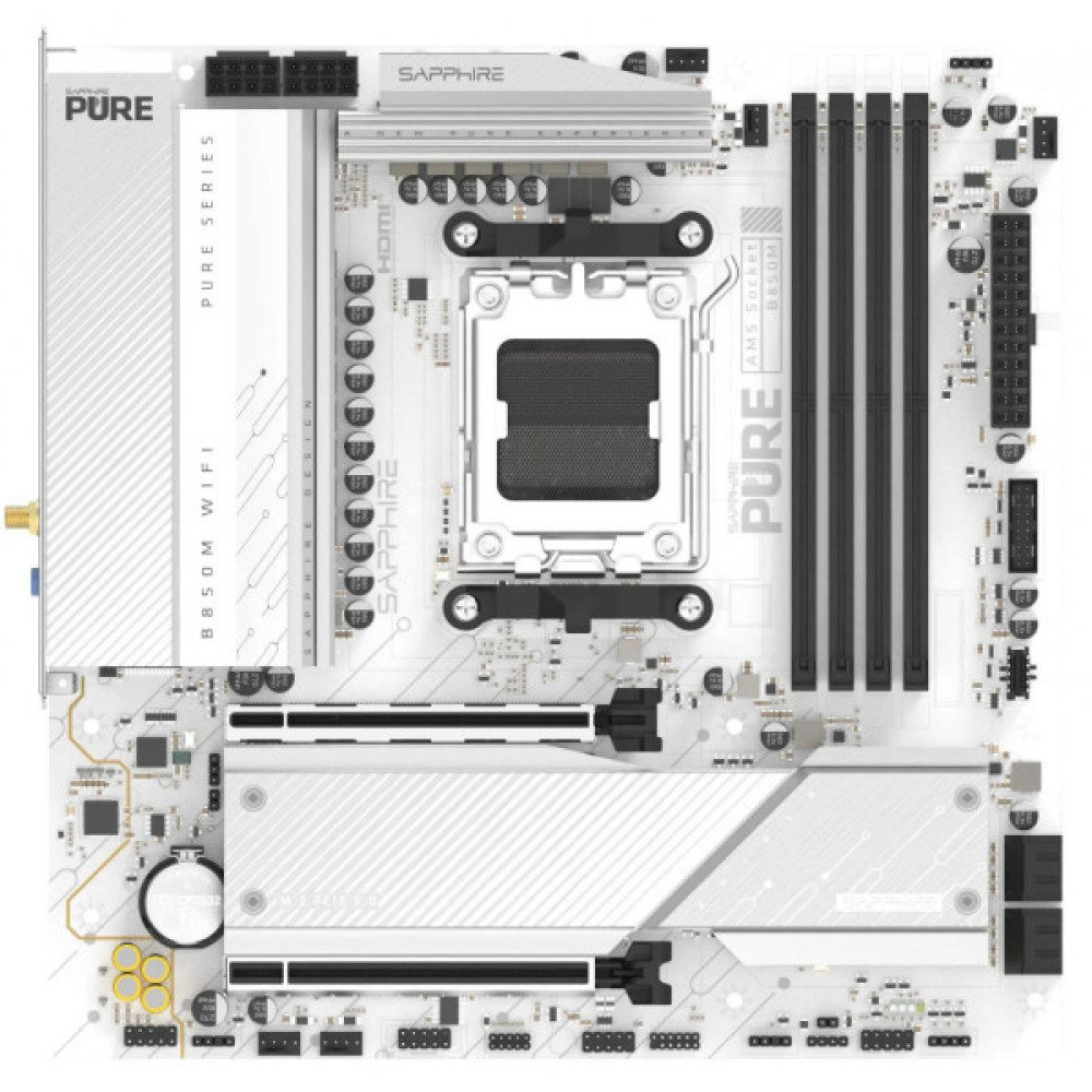 Материнcька плата SAPPHIRE PURE B850M WIFI sAM5 B850 4xDDR5 M.2 HDMI DP Wi-Fi BT mATX білий