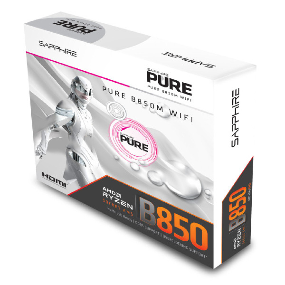 Материнcька плата SAPPHIRE PURE B850M WIFI sAM5 B850 4xDDR5 M.2 HDMI DP Wi-Fi BT mATX білий