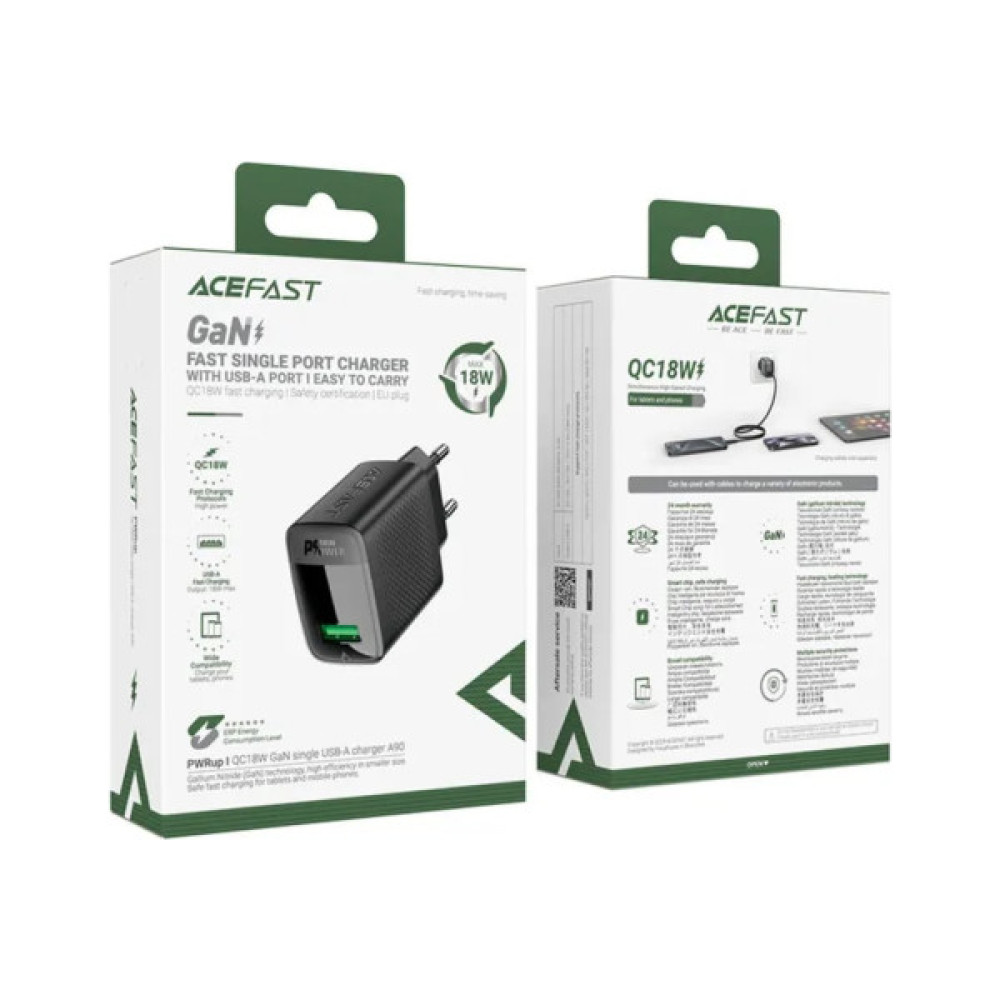 Зарядний пристрій Acefast USB 18W + cable USB to USB-C black (6974316280064)