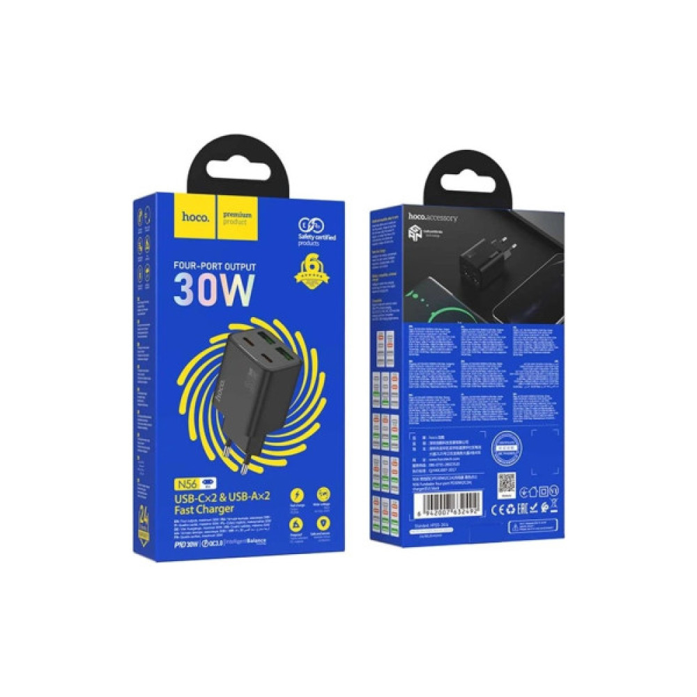 Зарядний пристрій HOCO N56 2xUSB-C PD30W + 2xUSB black (6942007632492)