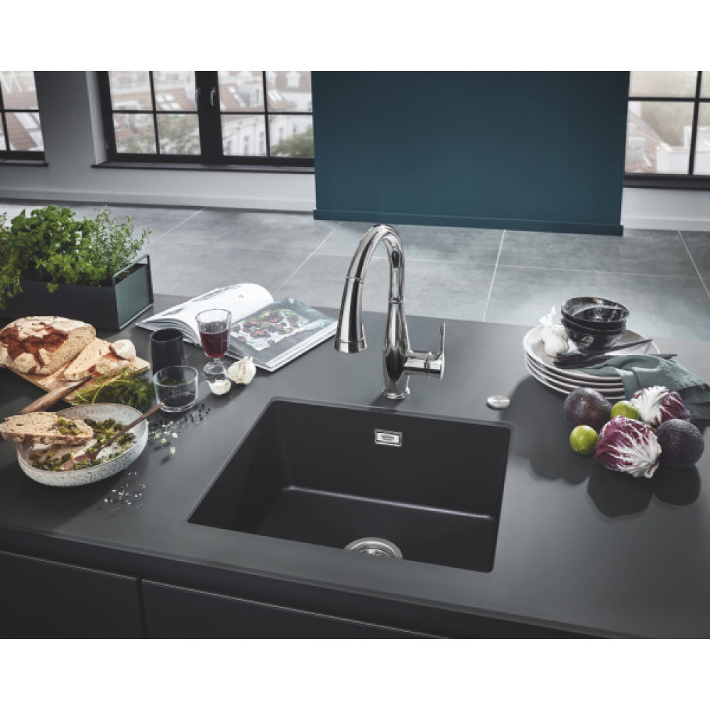 Мийка кухонна Grohe K700U, граніт, прямокут., без крила, 533x457x205мм, чаша - 1, врізна/під стільницю, чорний граніт