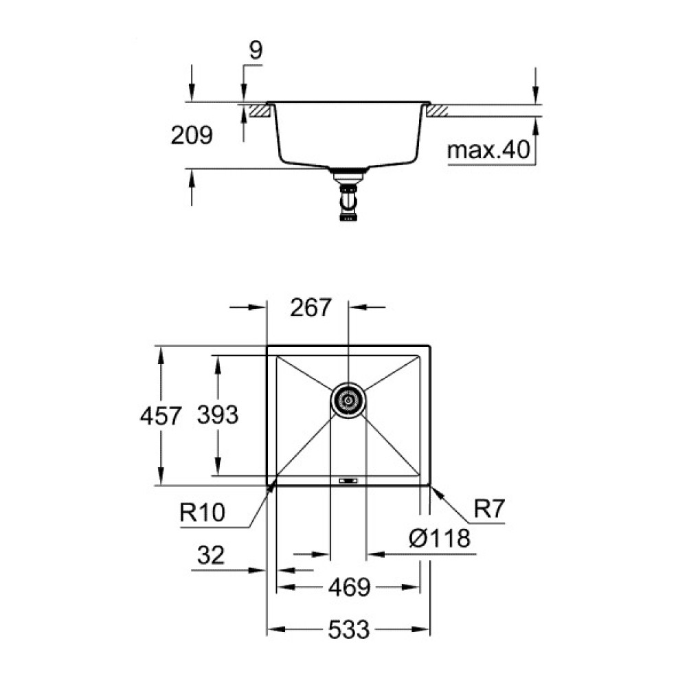 Мийка кухонна Grohe K700U, граніт, прямокут., без крила, 533x457x205мм, чаша - 1, врізна/під стільницю, чорний граніт