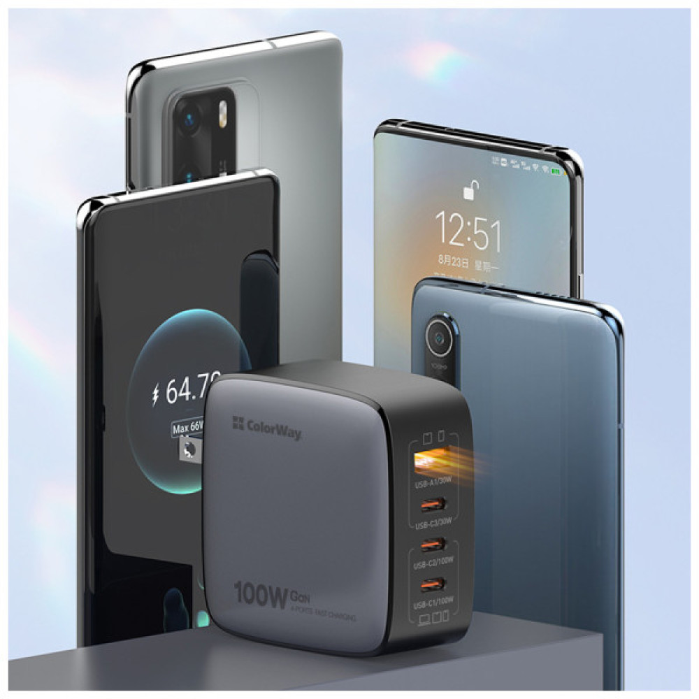 Зарядний пристрій ColorWay Power Delivery GaN (USB-A + 3USB TYPE-C) (100W) (CW-CHS047PD-BK)
