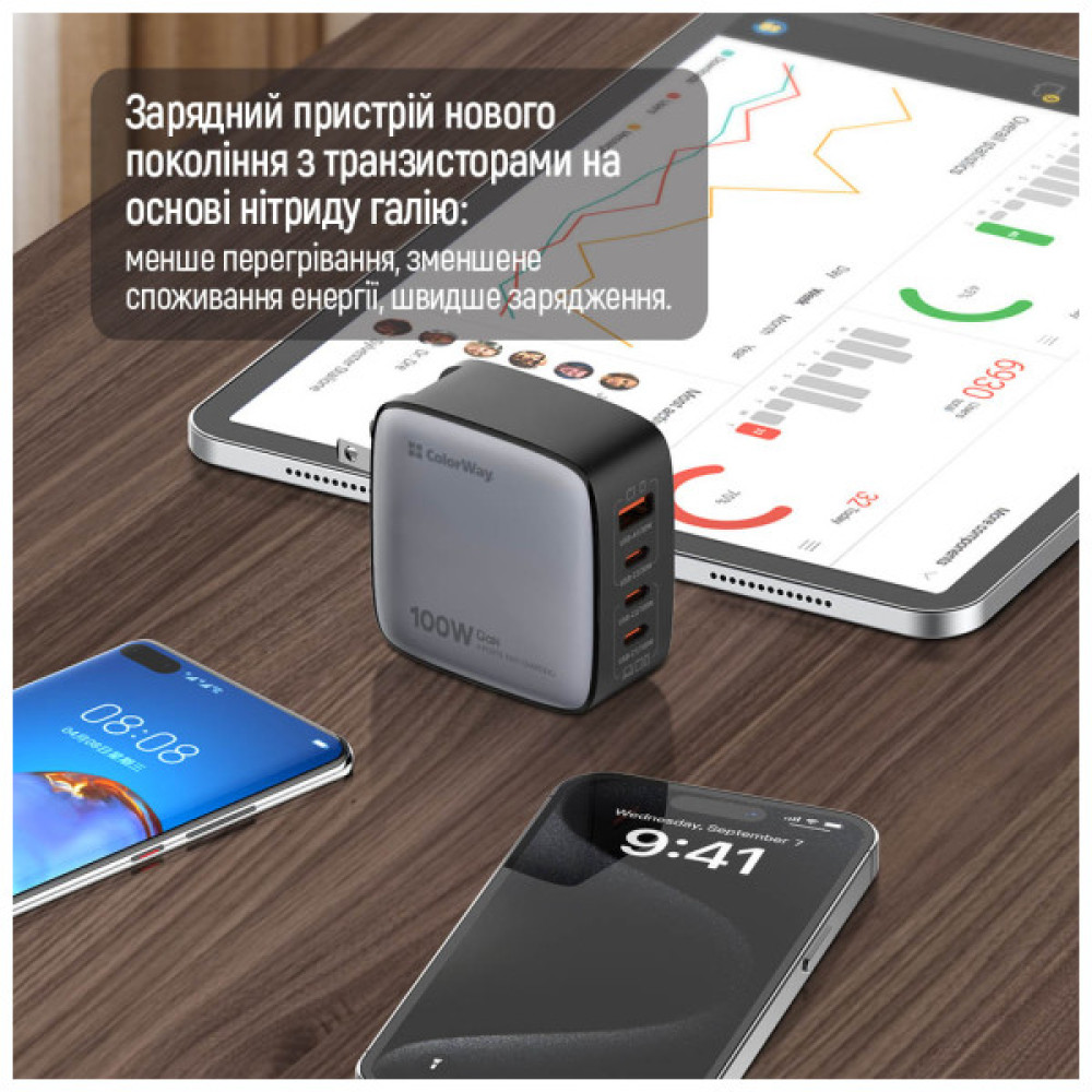 Зарядний пристрій ColorWay Power Delivery GaN (USB-A + 3USB TYPE-C) (100W) (CW-CHS047PD-BK)