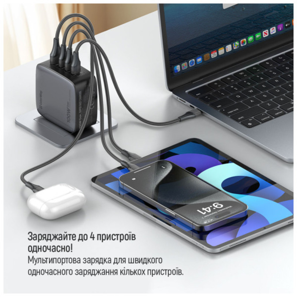 Зарядний пристрій ColorWay Power Delivery GaN (USB-A + 3USB TYPE-C) (100W) (CW-CHS047PD-BK)