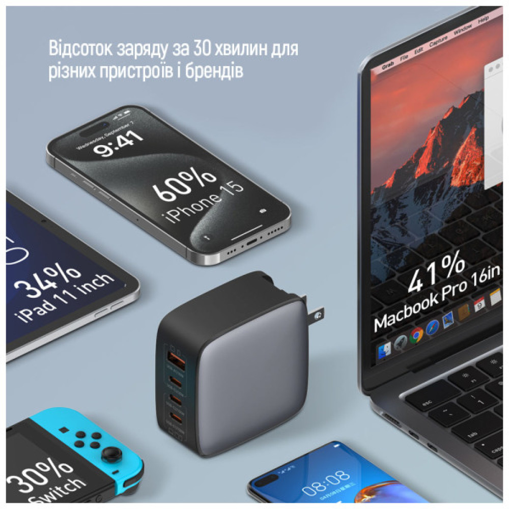Зарядний пристрій ColorWay Power Delivery GaN (USB-A + 3USB TYPE-C) (100W) (CW-CHS047PD-BK)