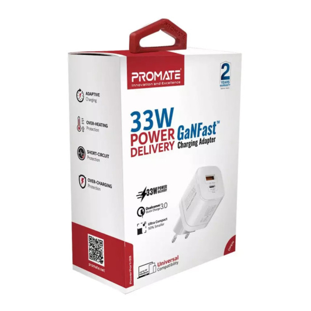 Зарядний пристрій Promate 33W USB-C + USB-A (powerport-33.white)