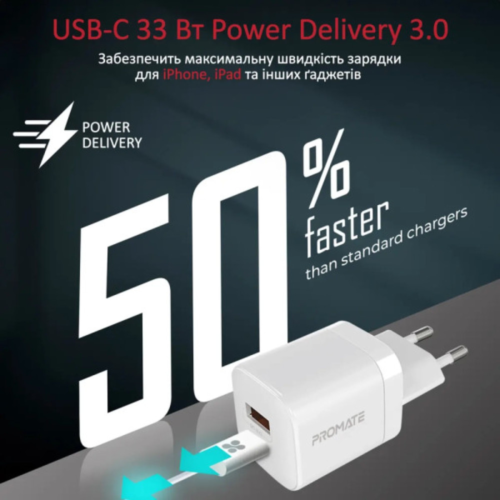 Зарядний пристрій Promate 33W USB-C + USB-A (powerport-33.white)