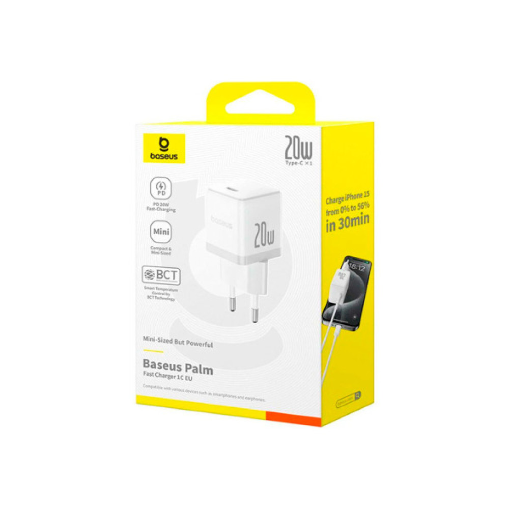 Зарядний пристрій Baseus Palm Fast Charger 1C 20W + Cable 1.0m Type-C 60W white (P10111602213-01)
