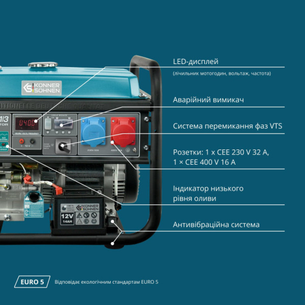 Генератор бензиновий Konner&Sohnen KS 10000E 1/3, 230/400В, 7.5/8кВт, 3Фази, електростартер, 88кг