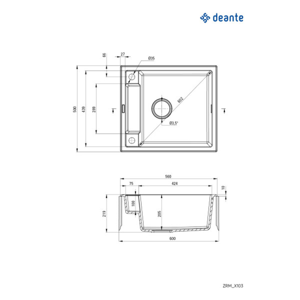 Мийка кухонна Deante Magnetic, граніт, квадрат, без крила, 560х500х219мм, чаша - 1, накладна, чорний матовий