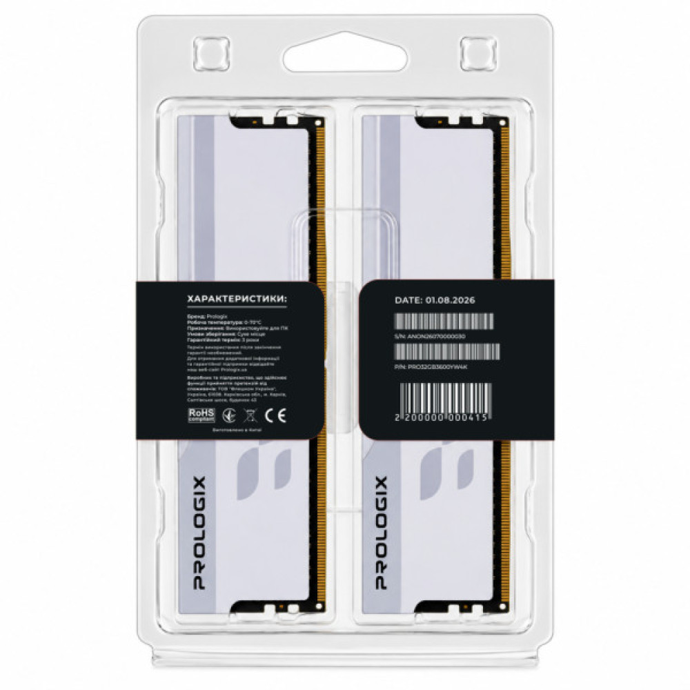 Модуль пам'яті для комп'ютера DDR4 32GB (2x16GB) 3600 MHz Onyx White Prologix (PRO32GB3600YW4K)
