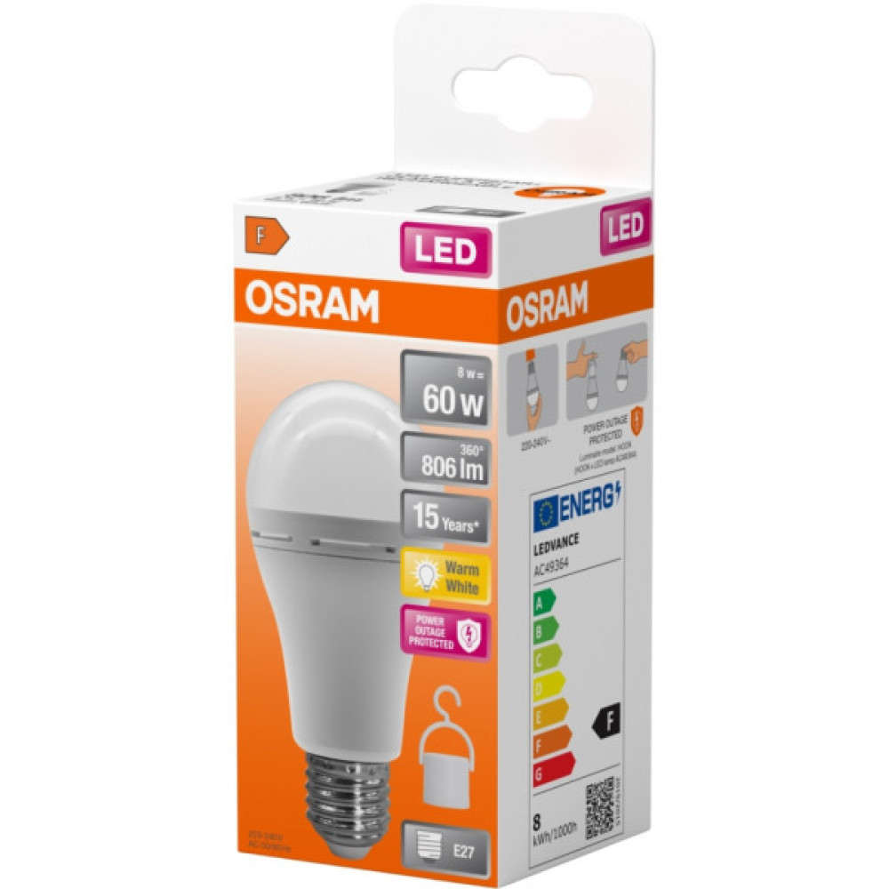 Лампочка Osram LED E27 8Вт 806Лм 2700К A60 акумуляторна (4099854190087)