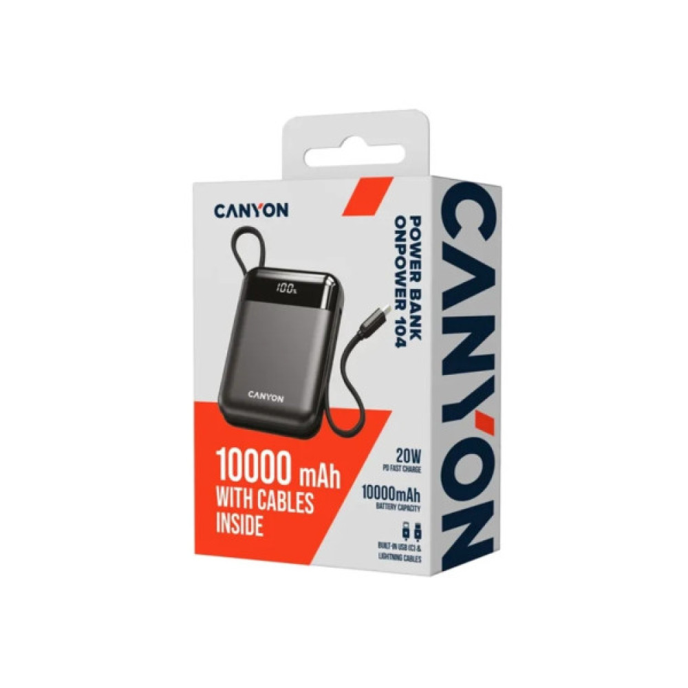 Батарея універсальна Canyon 10000mAh OnPower 104 PD/20W, QC/22.5W built-in cable Black (CNS-CPB104B)