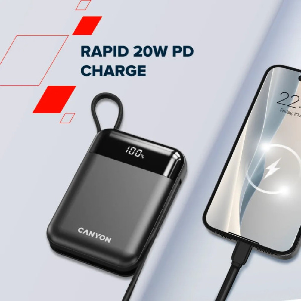 Батарея універсальна Canyon 10000mAh OnPower 104 PD/20W, QC/22.5W built-in cable Black (CNS-CPB104B)