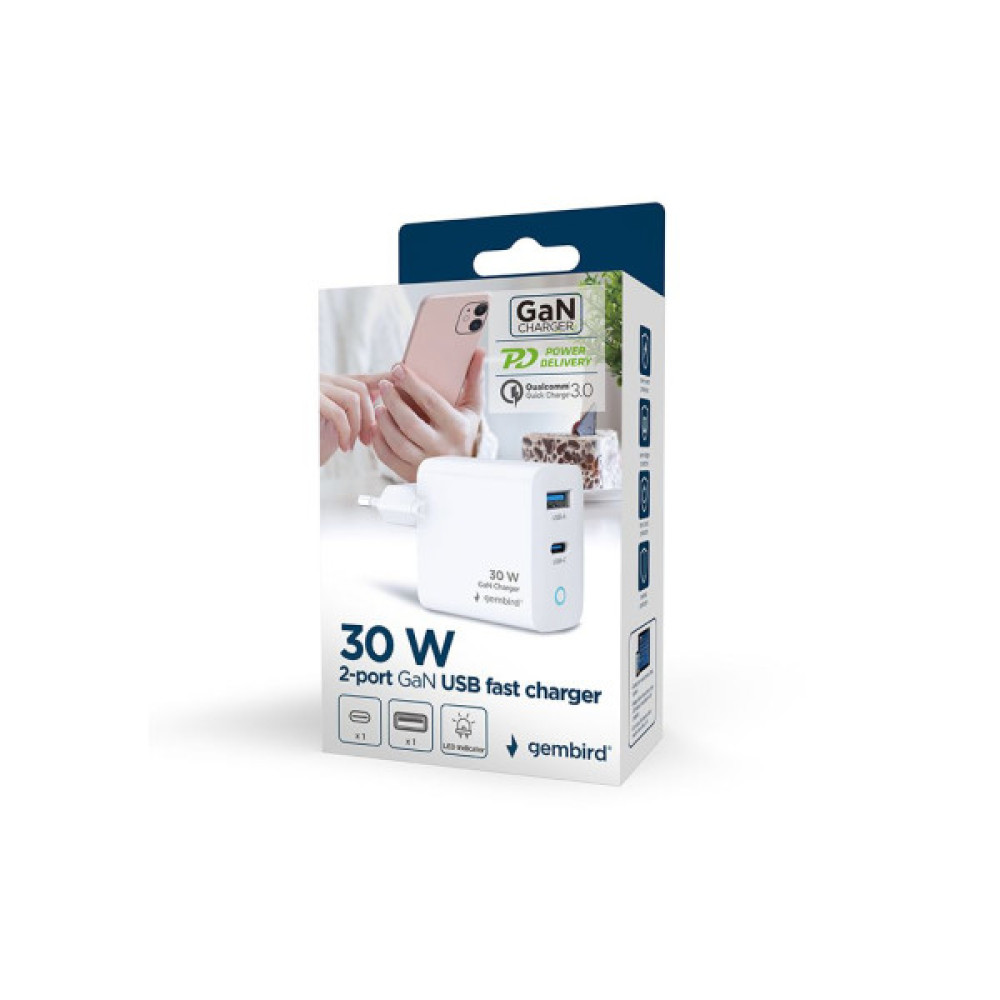 Зарядний пристрій Gembird 1xUSB-C PD30W + 1xUSB QC3.0 LED white (TA-UC-PDQC30L-W-01)