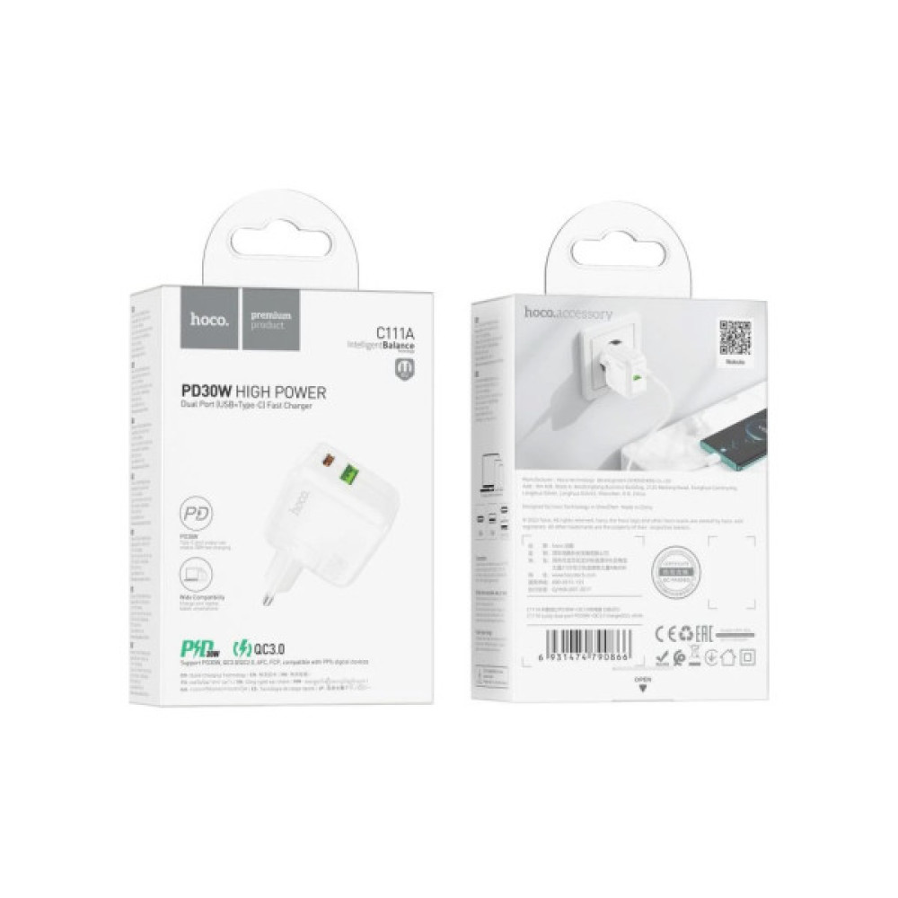 Зарядний пристрій HOCO C111A Lucky 1xUSB-C PD30W + 1xUSB QC3.0 White (6931474790866)