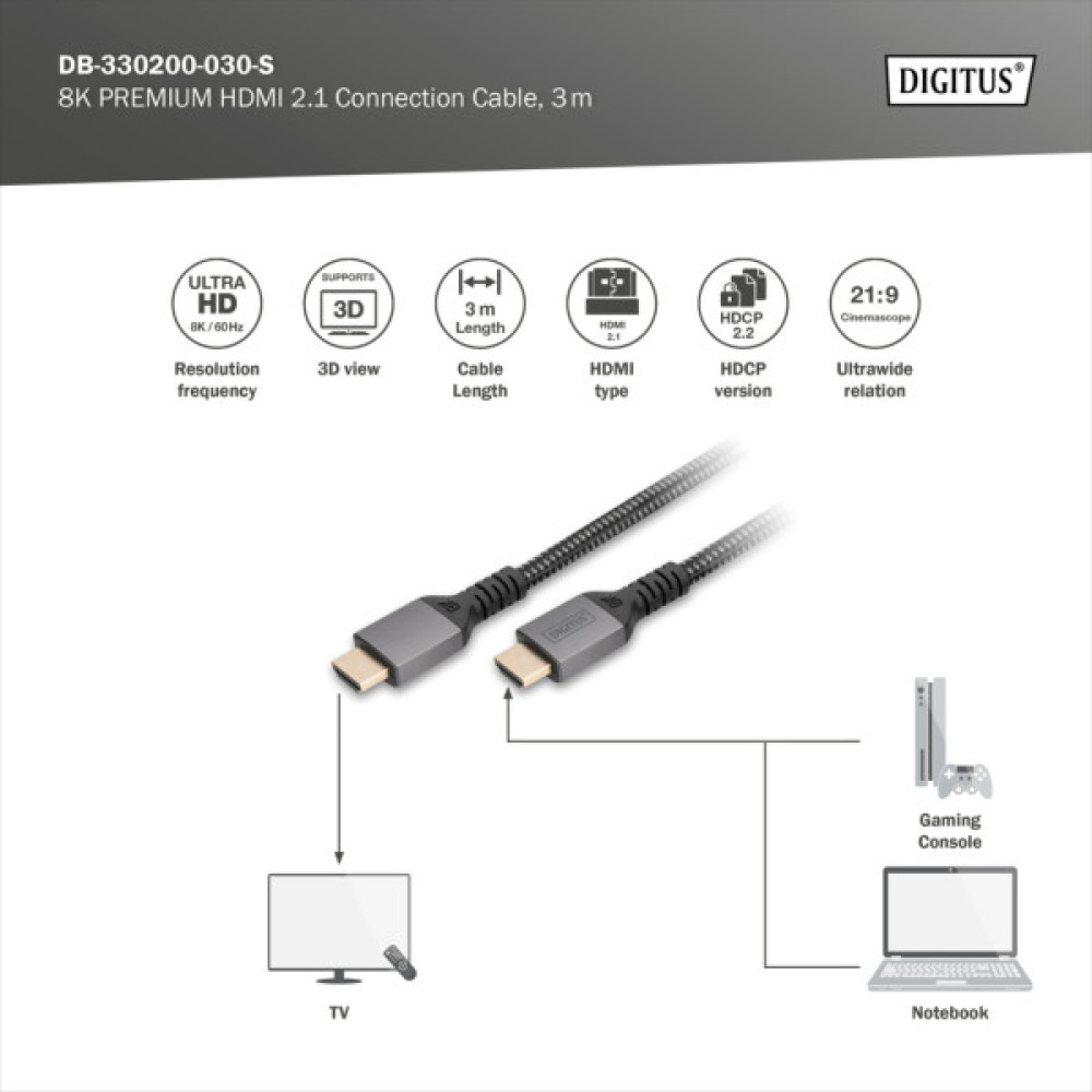Кабель мультимедійний HDMI M to HDMI M 3.0m V2.1 8K60Hz 48Gbps black Digitus (DB-330200-030-S)