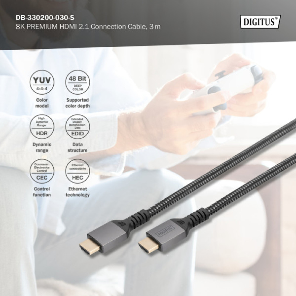 Кабель мультимедійний HDMI M to HDMI M 3.0m V2.1 8K60Hz 48Gbps black Digitus (DB-330200-030-S)