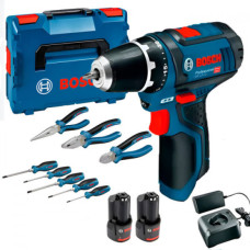 Шурупокрут-дриль акумуляторний Bosch Professional GSR 12V-15 2х2А·год 30Нм 400·1300об·хв 0.89кг GAL 12V-20 + набір ручного інструменту