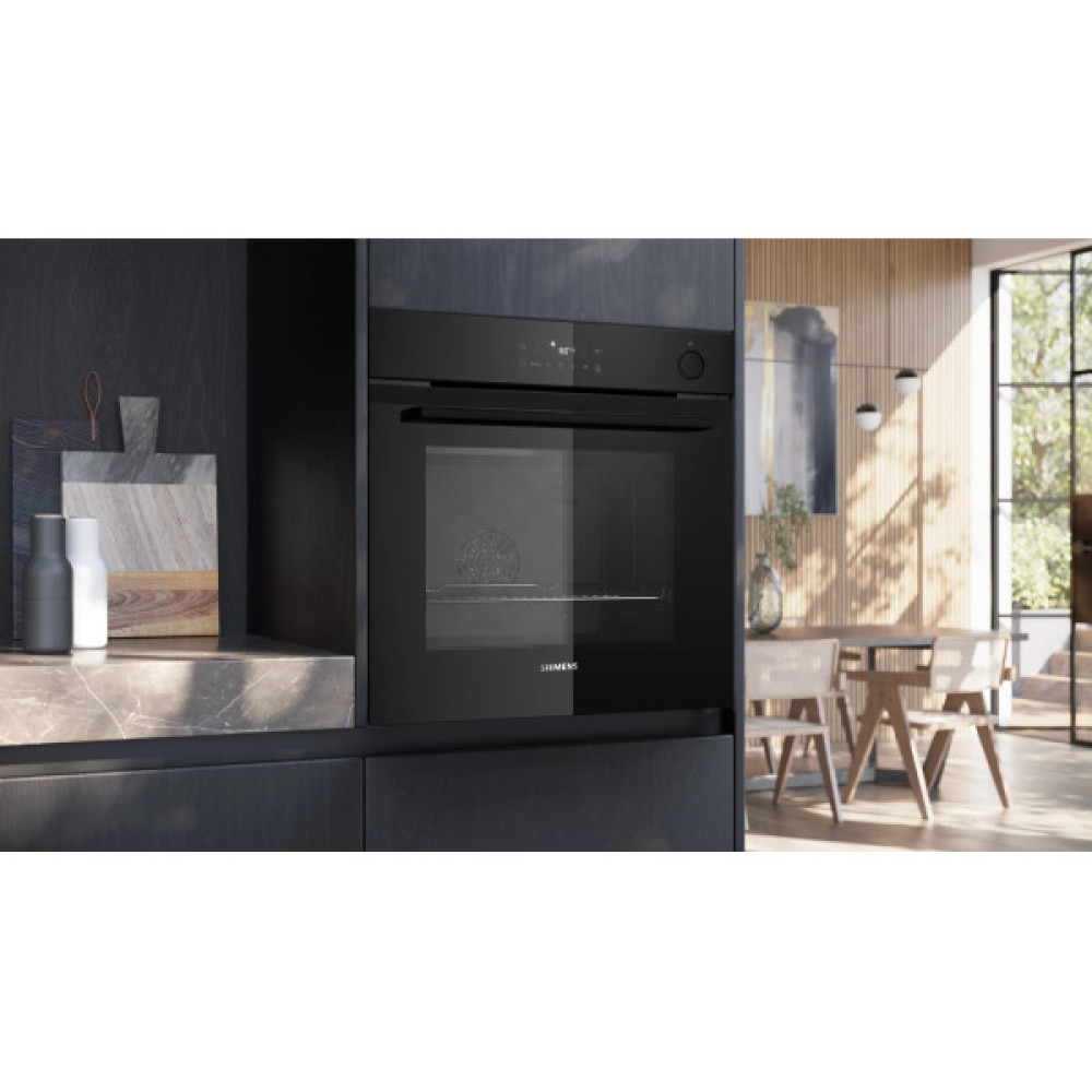 Духова шафа Siemens електрична, 71л, A+, пара, дисплей, конвекція, телескопічні напрямні, чорний