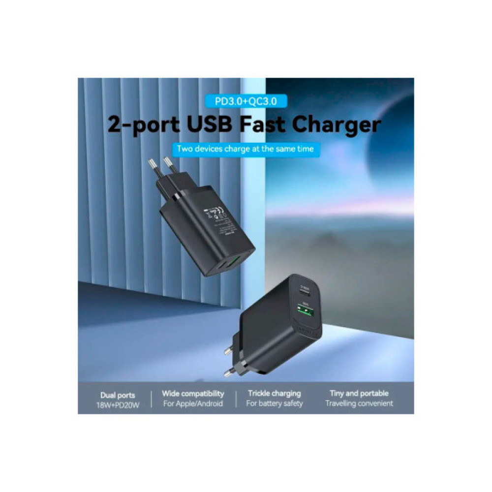 Зарядний пристрій VENTION 2xUSB 38W (USB-C+USB-A) PD+QC3.0 black (FBIB0-EU)