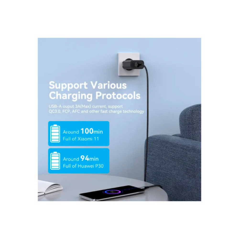 Зарядний пристрій VENTION 2xUSB 38W (USB-C+USB-A) PD+QC3.0 black (FBIB0-EU)