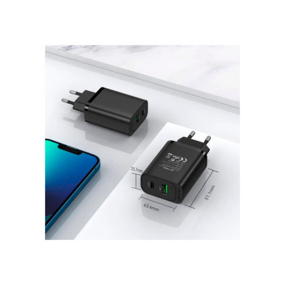 Зарядний пристрій VENTION 2xUSB 38W (USB-C+USB-A) PD+QC3.0 black (FBIB0-EU)