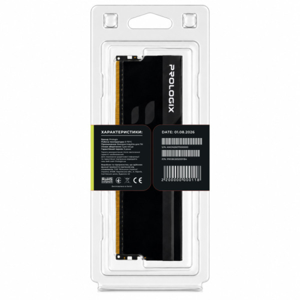 Модуль пам'яті для комп'ютера DDR4 8GB 3200 MHz Onyx Black Prologix (PRO8GB3200YB4)