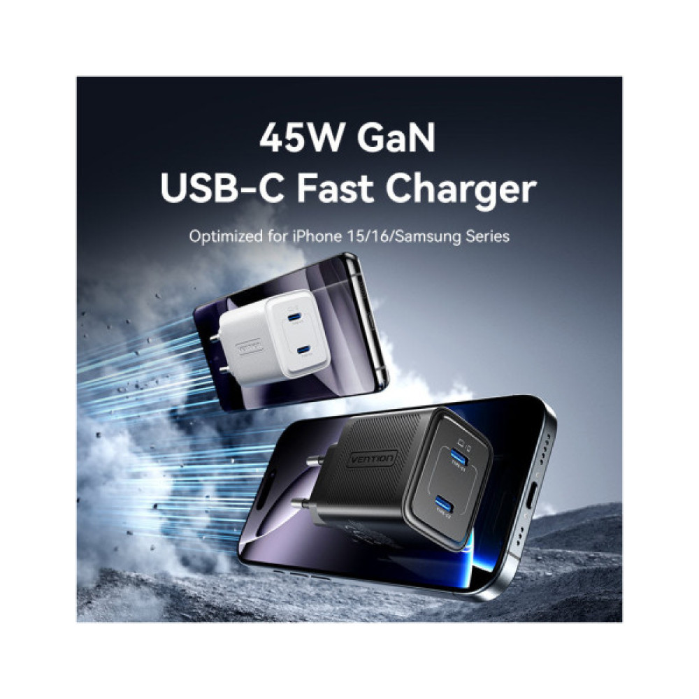 Зарядний пристрій Vention 2xUSB-C PD45W GaN transparent white (FCFW0-EU)