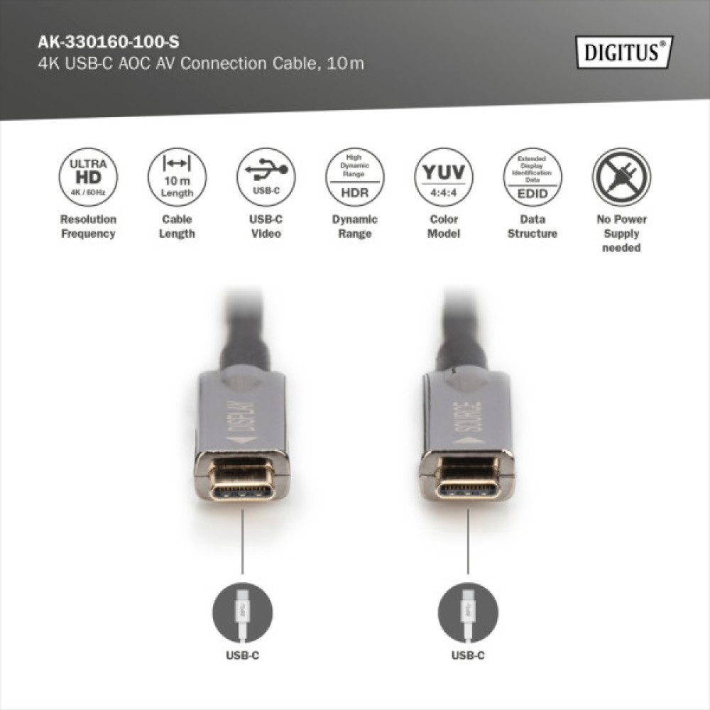 Дата кабель USB-C to USB-C 10.0m AOC 4K60Hz HDR Dolby Vision HDR10 3D 21.6Gbps Digitus (AK-330160-100-S)