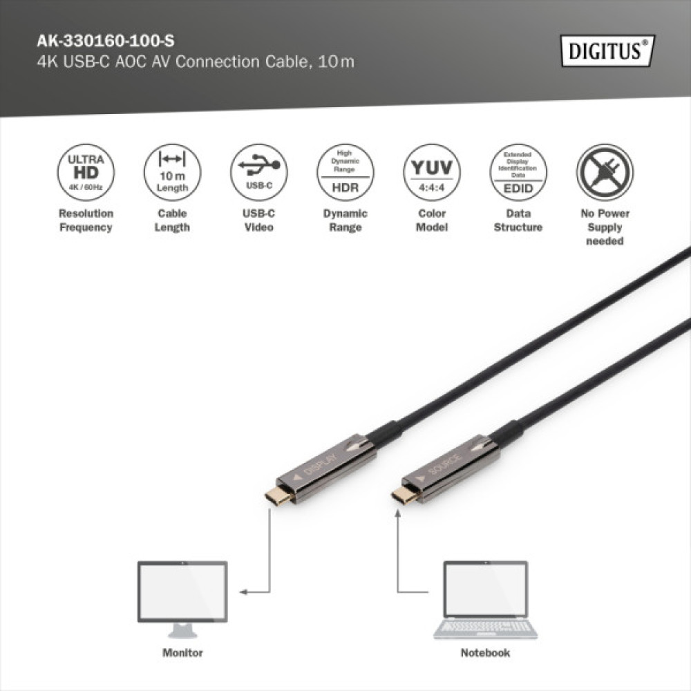 Дата кабель USB-C to USB-C 10.0m AOC 4K60Hz HDR Dolby Vision HDR10 3D 21.6Gbps Digitus (AK-330160-100-S)