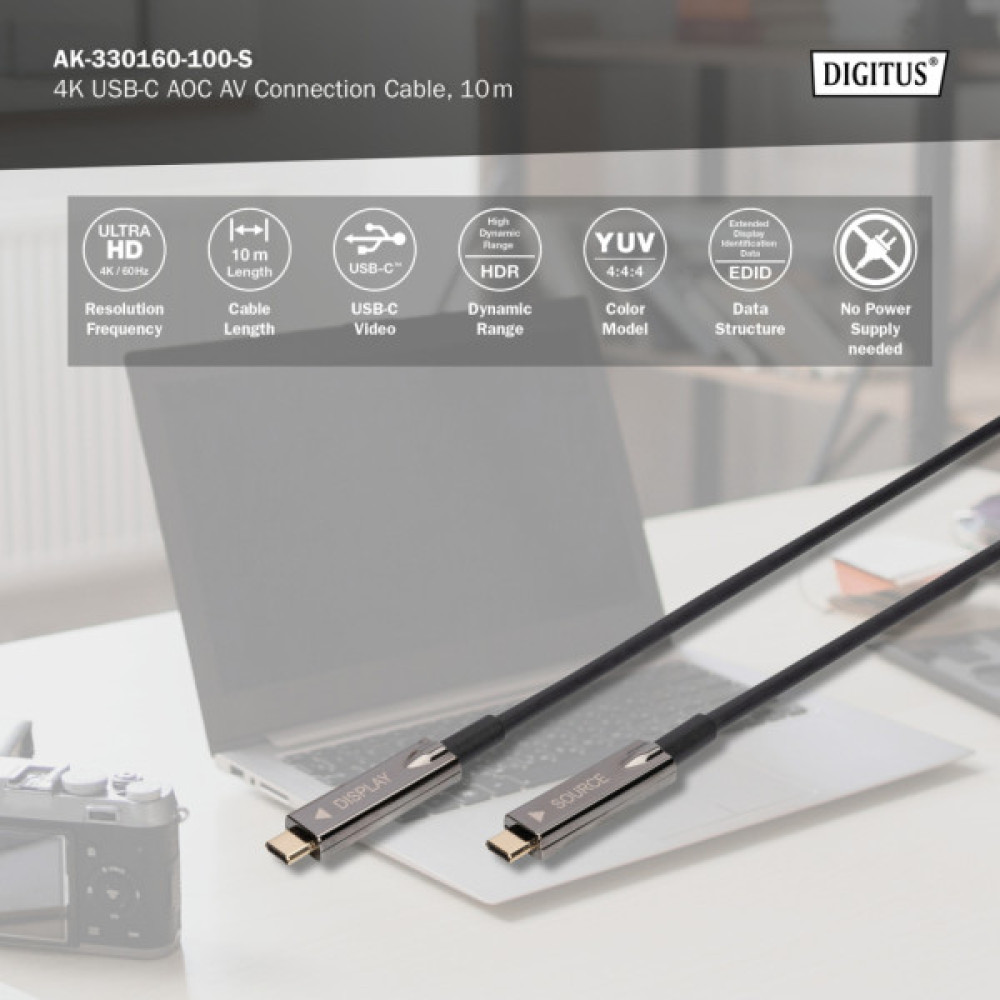 Дата кабель USB-C to USB-C 10.0m AOC 4K60Hz HDR Dolby Vision HDR10 3D 21.6Gbps Digitus (AK-330160-100-S)
