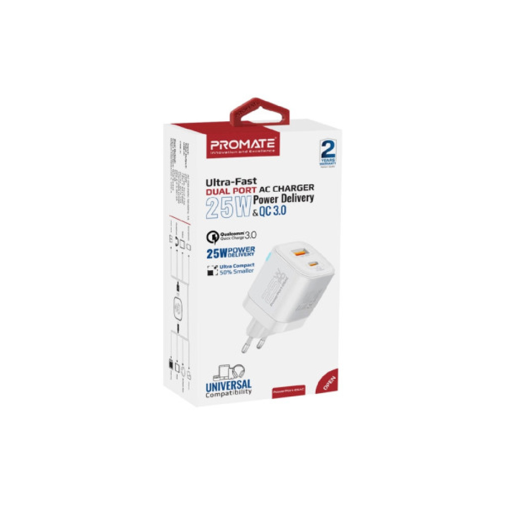 Зарядний пристрій Promate USBC PD25W + USBA QC3.0 18W White (powerport-25ac.white)