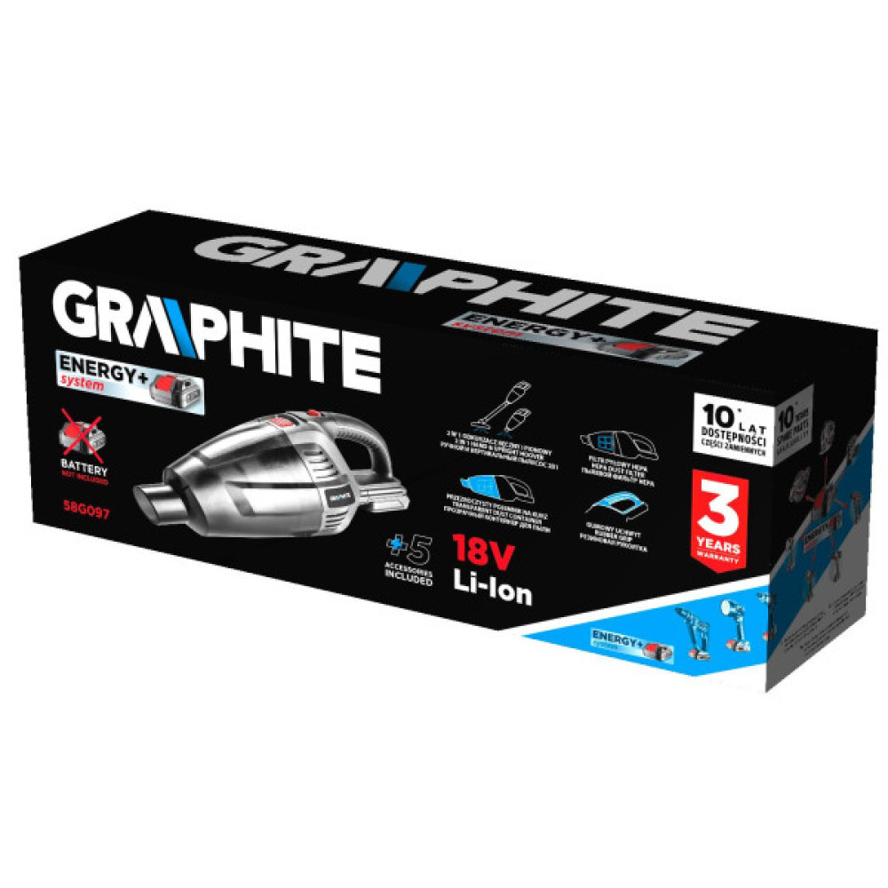 Пилосос акумуляторний GRAPHITE Energy+ 18В 34Вт 3.8кПа контейнер 0.5л HEPA 1.37кг без АКБ та ЗП